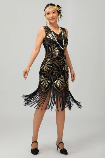 Vestido Sparkly Black Golden Fringed 1920s